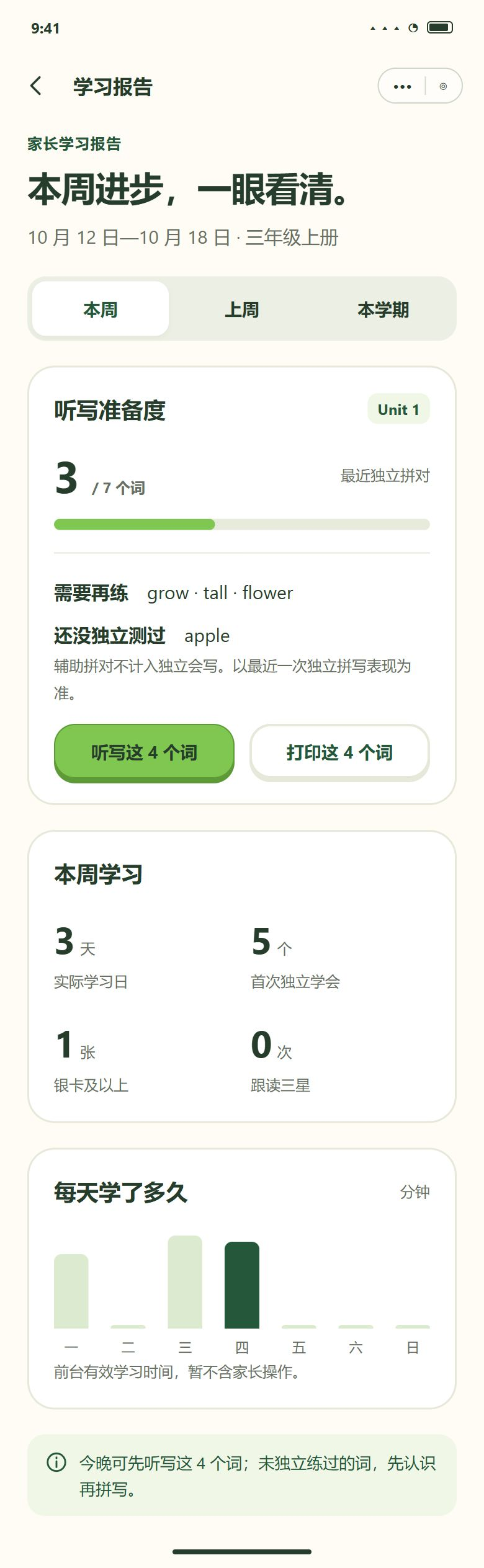 一期 · 家长中心 · 学习报告（听写准备度：会写 / 写不出来 / 还没练过拼写）
